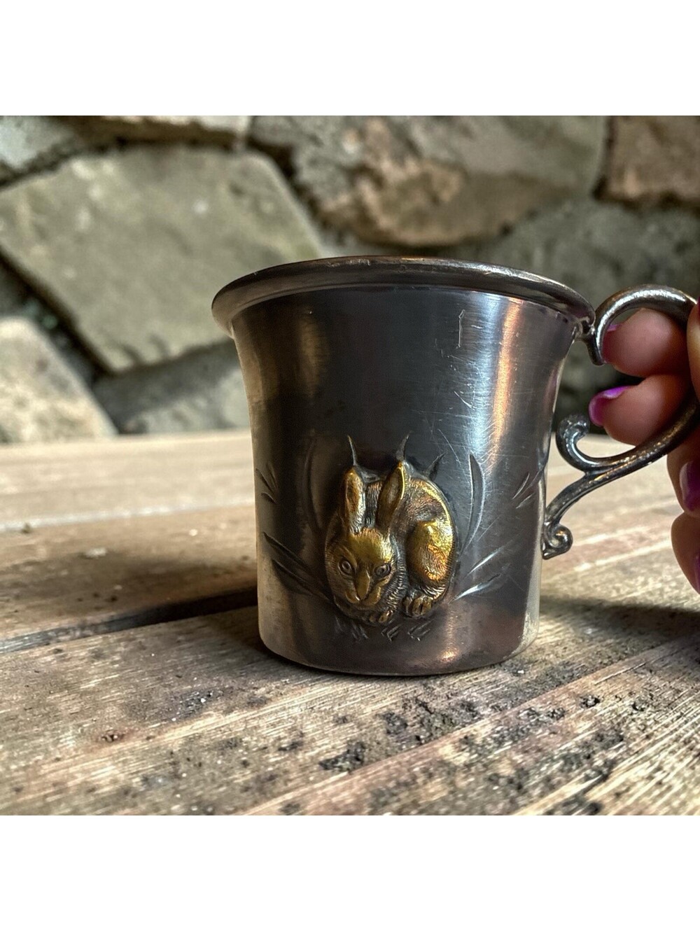 Antique Benedict Quadruple Plate 1018 Silverplate Baby Cup Rabbit Bunny 2.5"